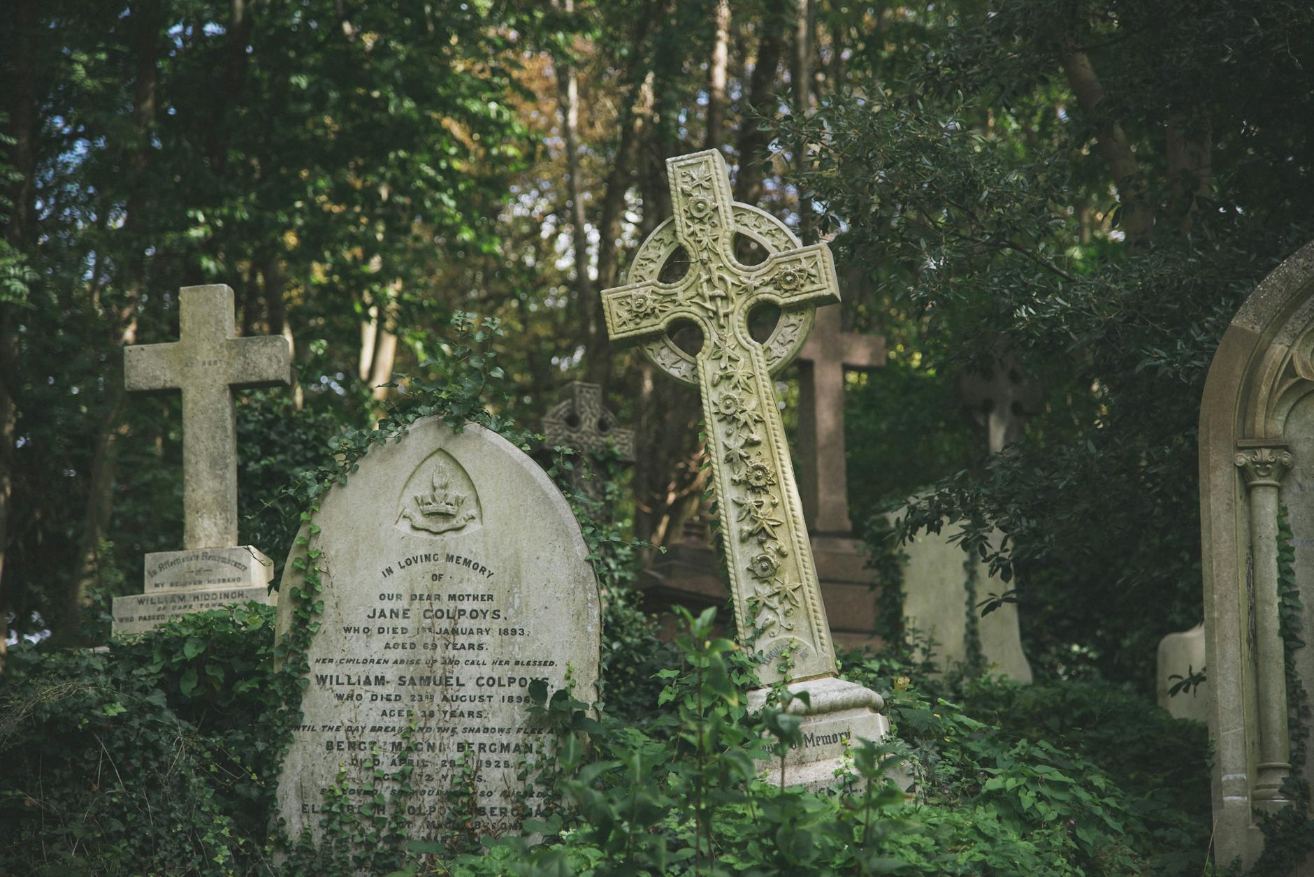 Victorian cemetery with ornate tombstones and monuments
