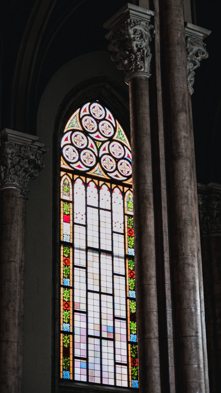 Stained glass window in historic cathedral