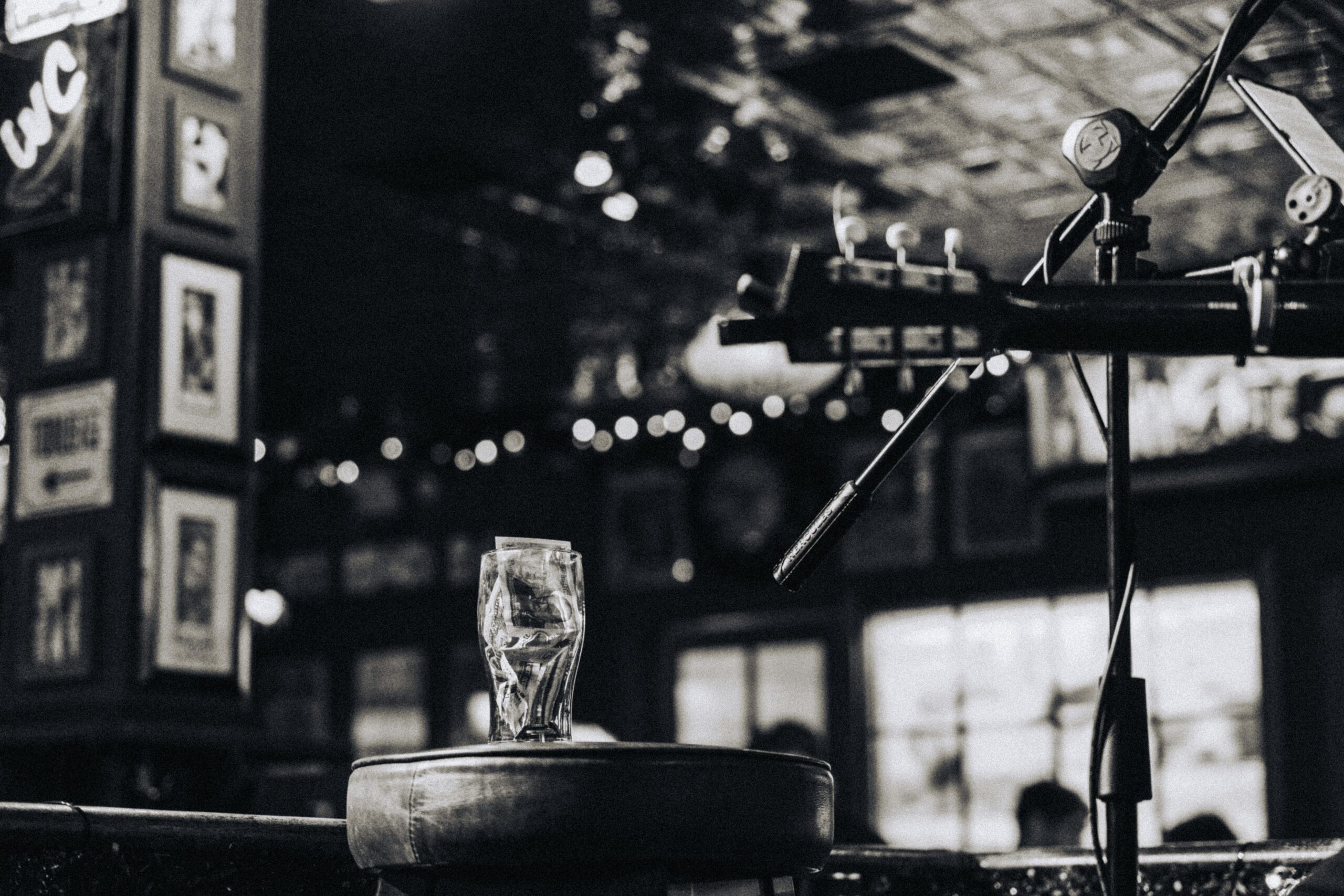 Guitar and microphone set up for live music in a cosy Glasgow pub
