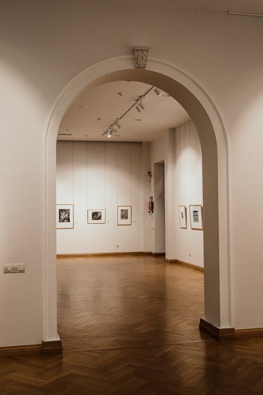 Modern art gallery interior with minimalist arched doorways