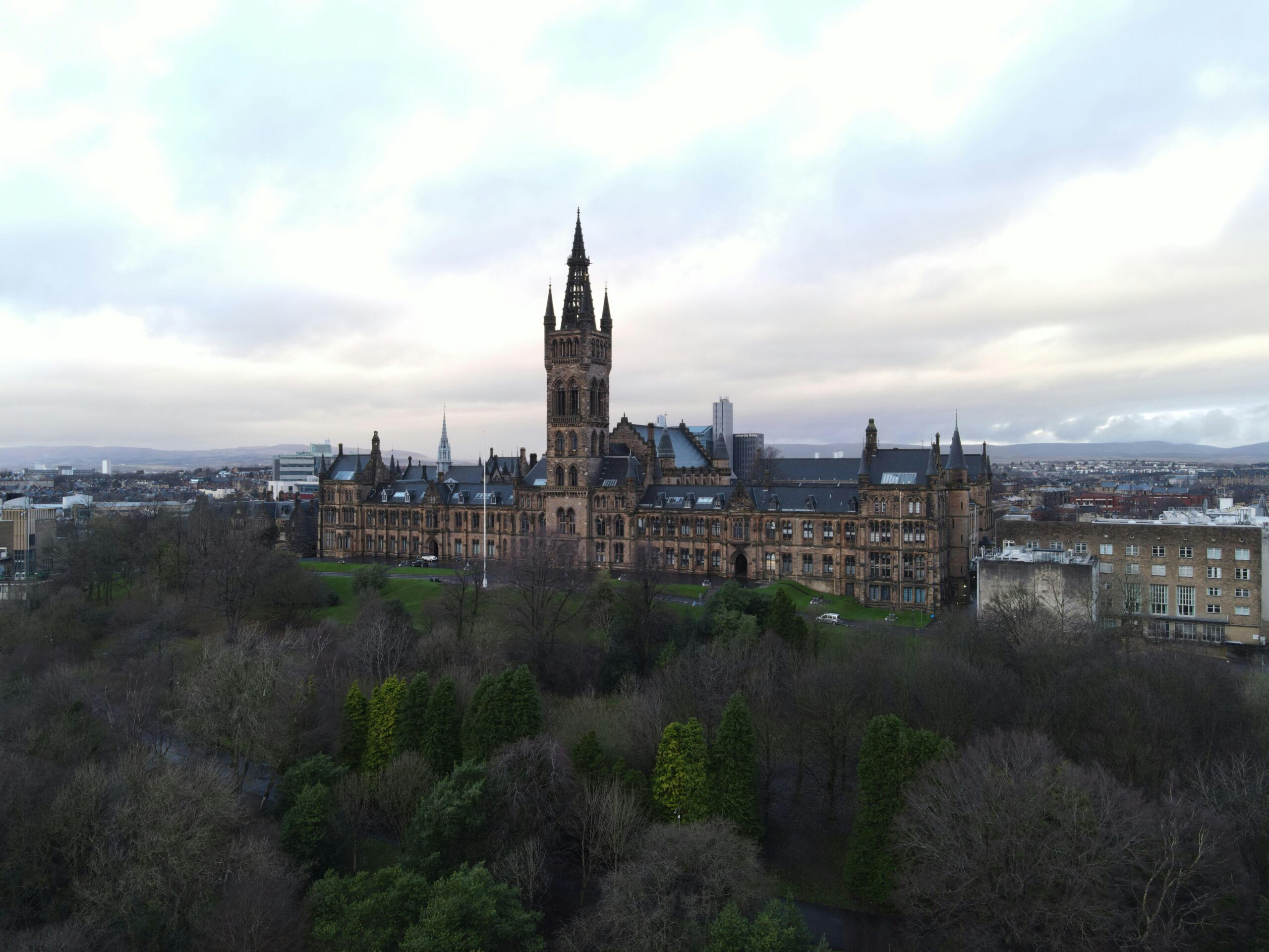 Aerial view of the historic University of Glasgow campus and tower