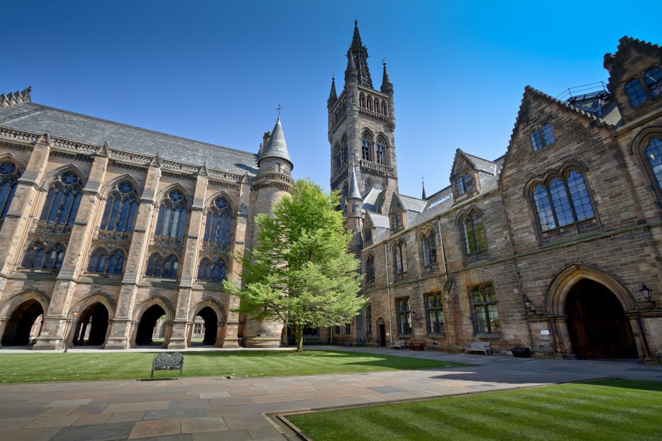 Historic University of Glasgow courtyard in the West End neighbourhood surrounded by Gothic architecture