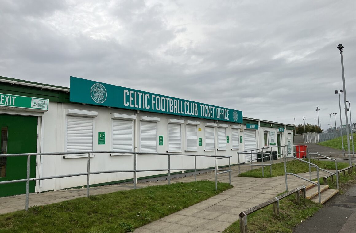 The shuttered Celtic Football Club ticket office building beside Celtic Park on a non-match day