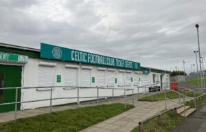 The shuttered Celtic Football Club ticket office building beside Celtic Park on a non-match day