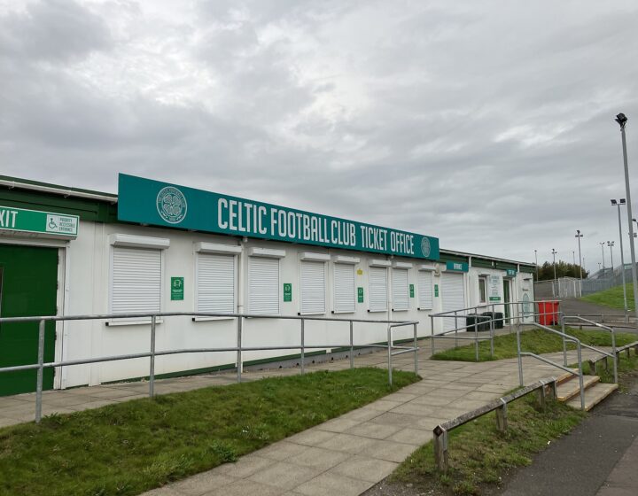 The shuttered Celtic Football Club ticket office building beside Celtic Park on a non-match day