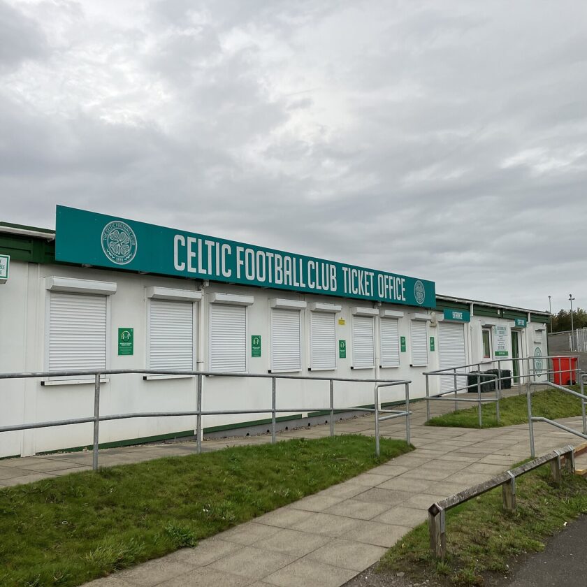 The shuttered Celtic Football Club ticket office building beside Celtic Park on a non-match day