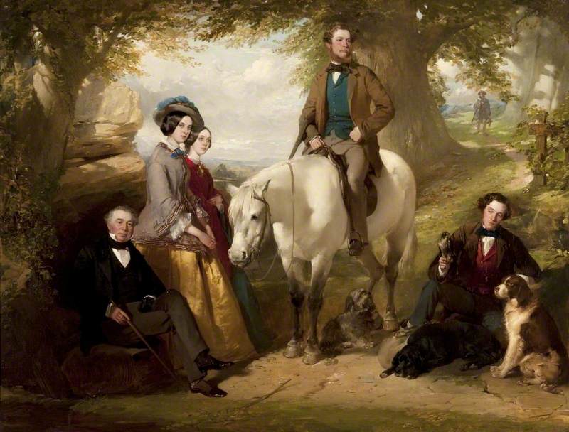 A Victorian painting of a family group in a wooded landscape: an older man seated, two women in long dresses, a young man on a white horse and another reclining with dogs